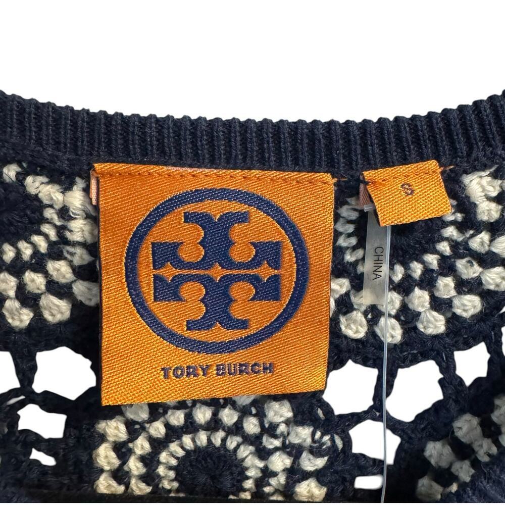 Tory Burch Elaine Cardigan NWT Small Navy Crochet Stripe Zip Sweater Size S - Picture 7 of 10